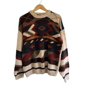 Vintage Etchings Mens Sz L Brown Blue Tan Crewneck Knit Wool Blend Sweater